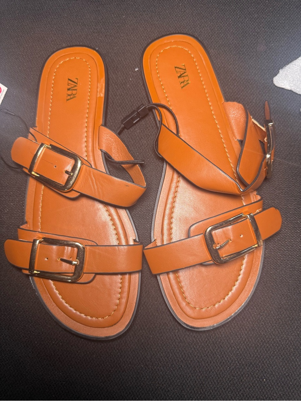ZARA Cognac Double-Buckle Slide Sandals
